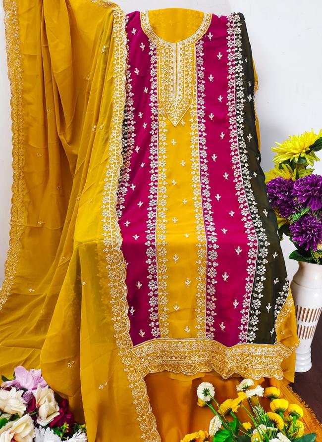 Georgette Yellow Traditional Wear Embroidery Work Dress Material